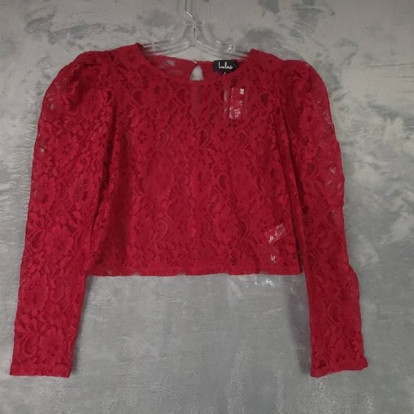 Lulus Womens Crop Top Red Floral Long Sleeve Keyhole Lace Nylon Blend S New - Picture 1 of 8